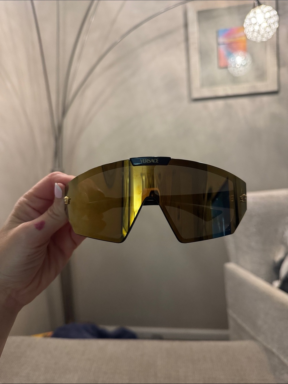 Versace Men’s Shield Sunglasses — Brown/Gold Lens